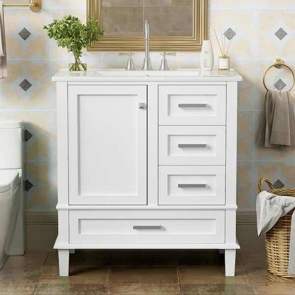 Nyveth 30 in. Modern White Bath Vanity with White Ceramic Top, 4-Drawers, Shelves, Wood
