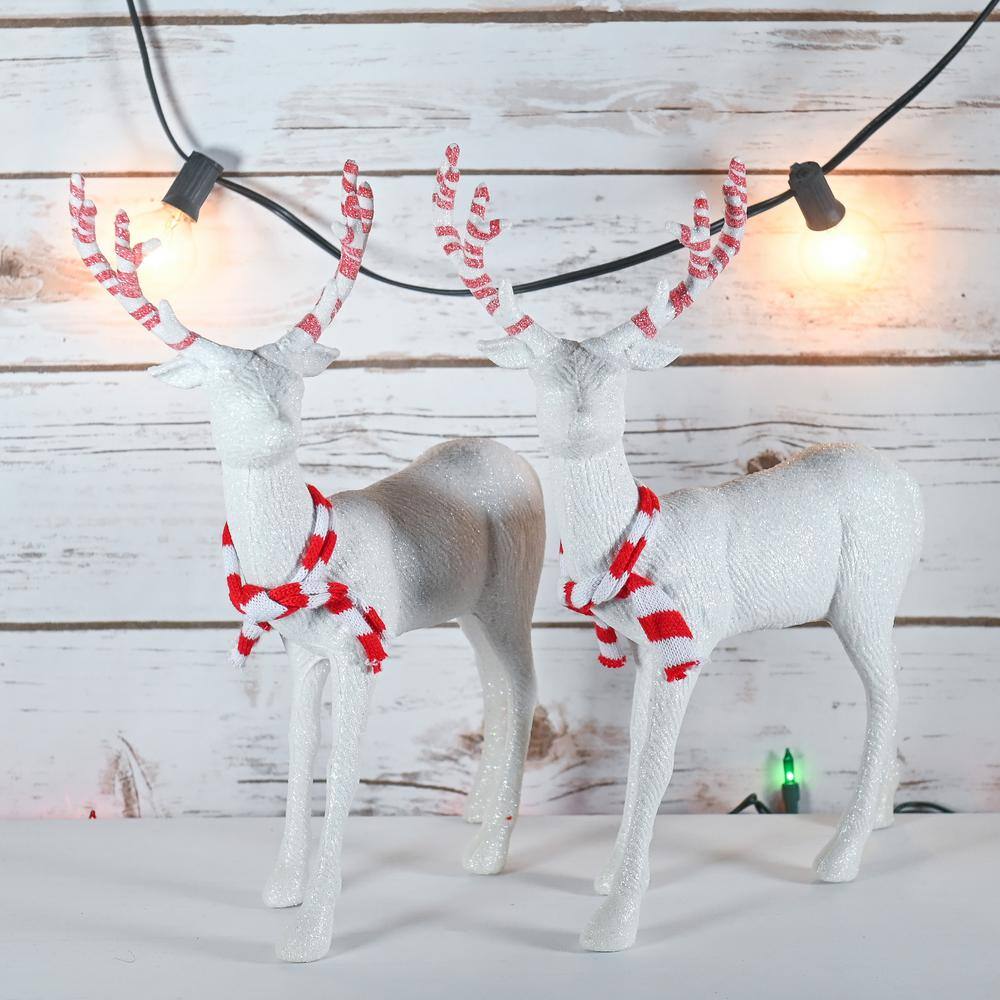 White Glitter Reindeer Figurine with Red Antlers and Scarf, 14"