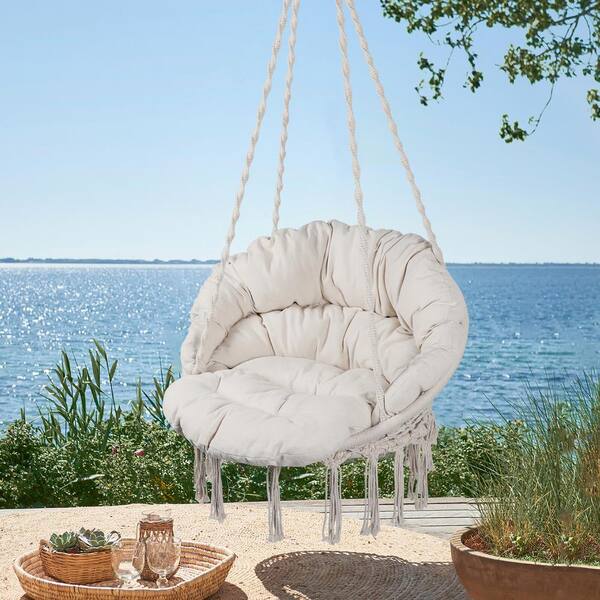 Huluwat Beige Hanging Cotton Rope Hammock Chair with