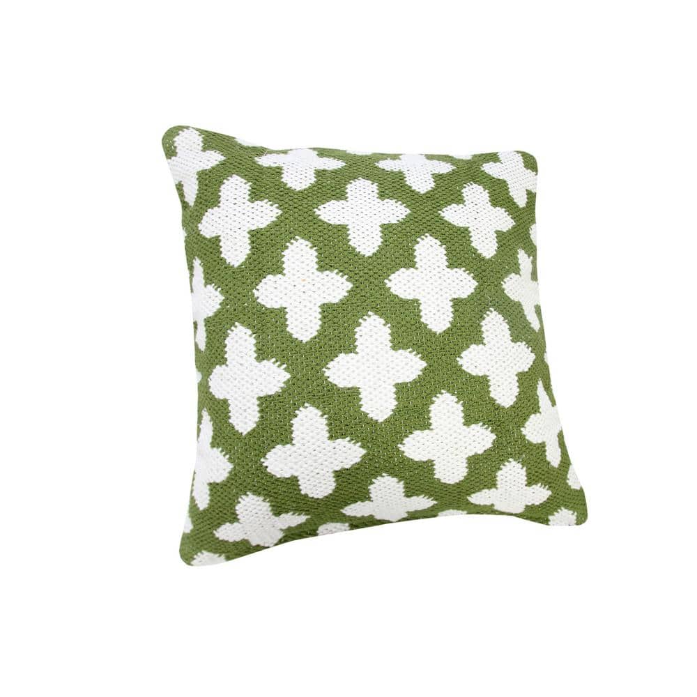 Green and White Woven Geometric Cotton Throw Pillow, 20" Square