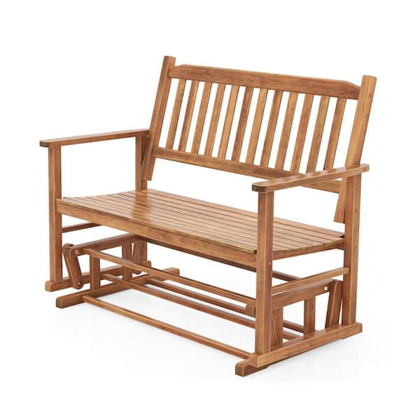 2-Person Natural Poplar Wood Outdoor Glider with Armrests and Slatted Seat