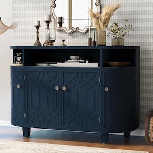 Navy Blue 31.9 in. H Fraxinus Mandschurica Solid Wood Desk Veneer Storage Cabinet with Adjustable Shelves and 4-Doors