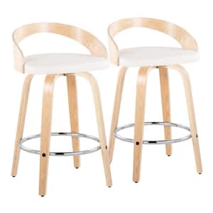 Grotto 25.25 in. White Faux Leather, Natural Wood, and Chrome Metal Fixed-Height Counter Stool (Set of 2)