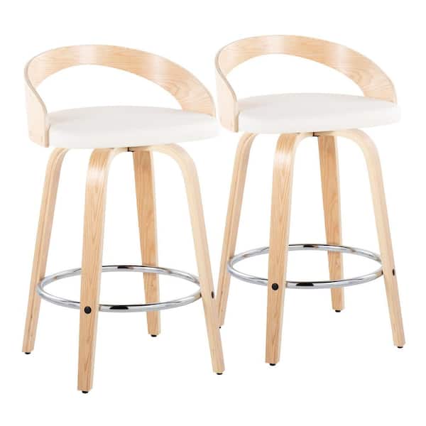 Lumisource Grotto 25.25 in. White Faux Leather, Natural Wood, and Chrome Metal Fixed-Height Counter Stool (Set of 2)