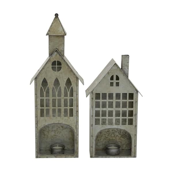 Litton Lane Grey Metal Farmhouse Candle Holder (Set of 2)