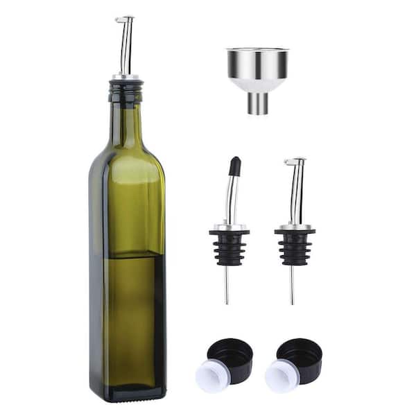Green Glass Olive Oil Dispenser Set - 17oz Oil and Vinegar Cruet with Stainless Steel Pour Spouts and Funnel