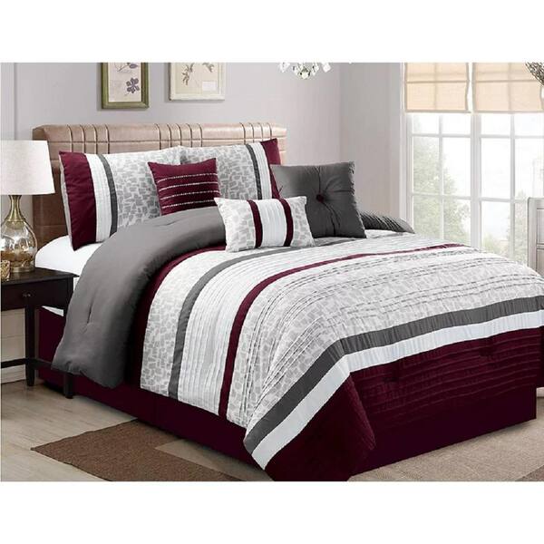 Shatex Bedding Comforter Set Bed In A Bag 7PC Luxury Striped Microfiber Bedding Sets-Oversized Bedroom Comforters-Queen,Purple