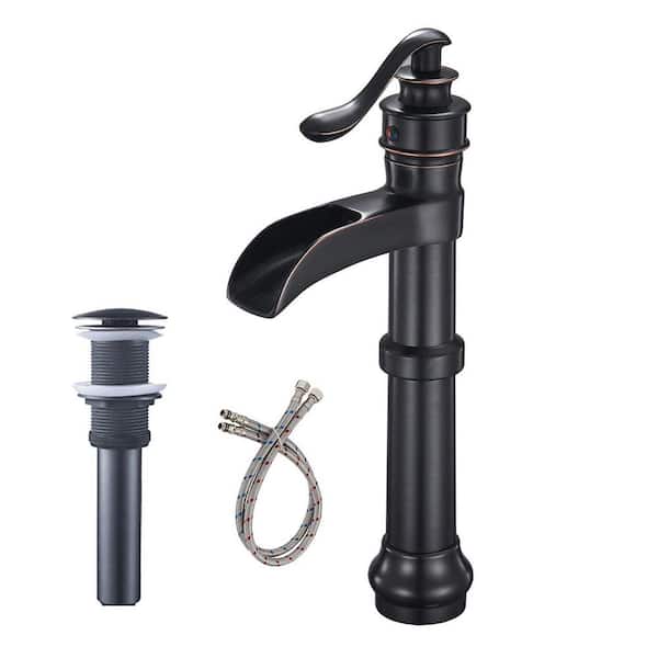 Fapully Single Handle Single-Hole Bathroom Waterfall Vessel Sink Faucet with Pop Up Drain Kit Included in Oil Rubbed Bronze