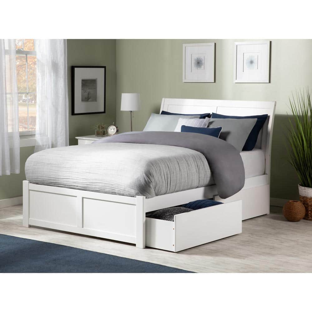 White Full Sleigh Wood Platform Bed with Storage Drawers