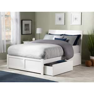 Portland White Full Solid Wood Storage Platform Bed with Flat Panel Foot Board and 2 Bed Drawers