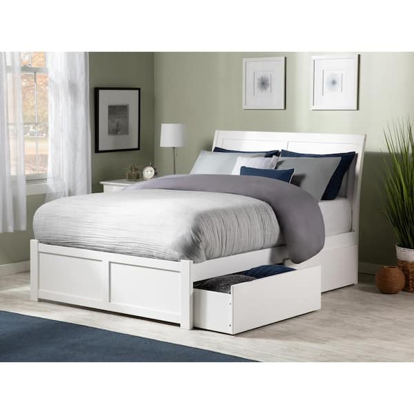 AFI Portland White Full Solid Wood Storage Platform Bed with Flat Panel Foot Board and 2 Bed Drawers