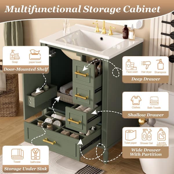 Virubi 24 in. W Olive Green Bath Vanity with White Ceramic Top, 3