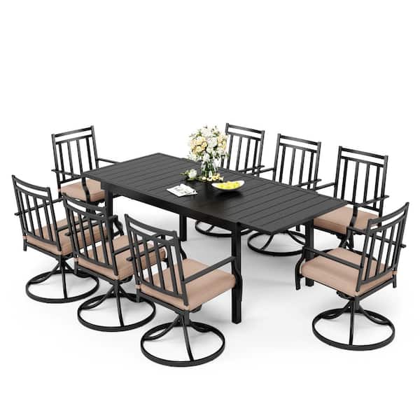 PHI VILLA 9-Piece Metal Patio Outdoor Dining Set with Beige Cushions