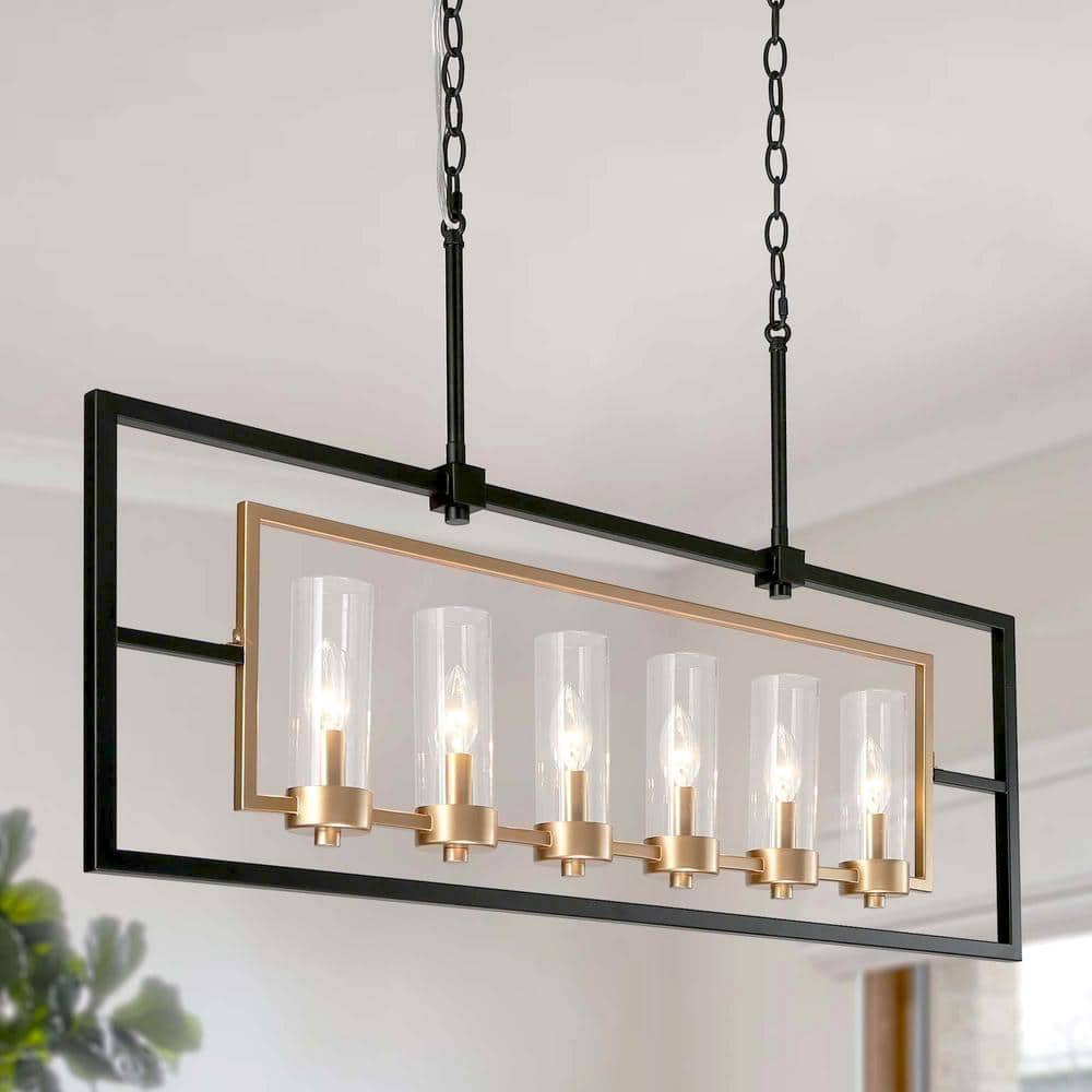 Transitional Rectangle Island Chandelier 37.4 6-Light Large Modern Black and Gold Chandelier with Clear Glass Shades price history on PriceWatchPro