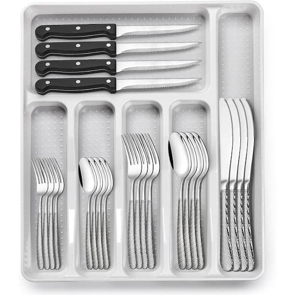 49-Piece Silver Stainless Steel Kitchen Hammered Flatware Cutlery Set with Organizer (Service for 8)