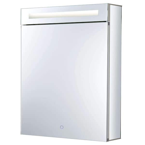 FINE FIXTURES 24 in. W x 30 in. H Recessed or Surface Wall Mount Medicine Cabinet with Mirror in Aluminum Left Hinge LED Lighting