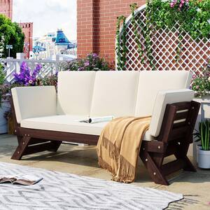 Small Place Acacia Brown Wood Outdoor Couch Day Bed with Beige Cushions