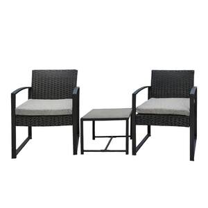 2-Piece Black Rattan Wicker Outdoor Sectional Sofa Set with Gray Cushion