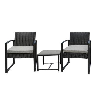 Black 3-Piece Metal and Wicker Rectangular Outdoor Dining set Gray Cushions
