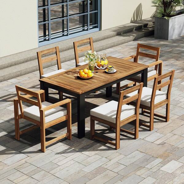 7-Piece Light Teak Acacia Wood Outdoor Dining Set with Beige Cushions, Umbrella Hole