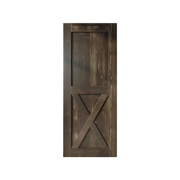 HOMACER 42 in. x 96 in. X-Frame Ebony Solid Natural Pine Wood Panel Interior Sliding Barn Door Slab with Frame