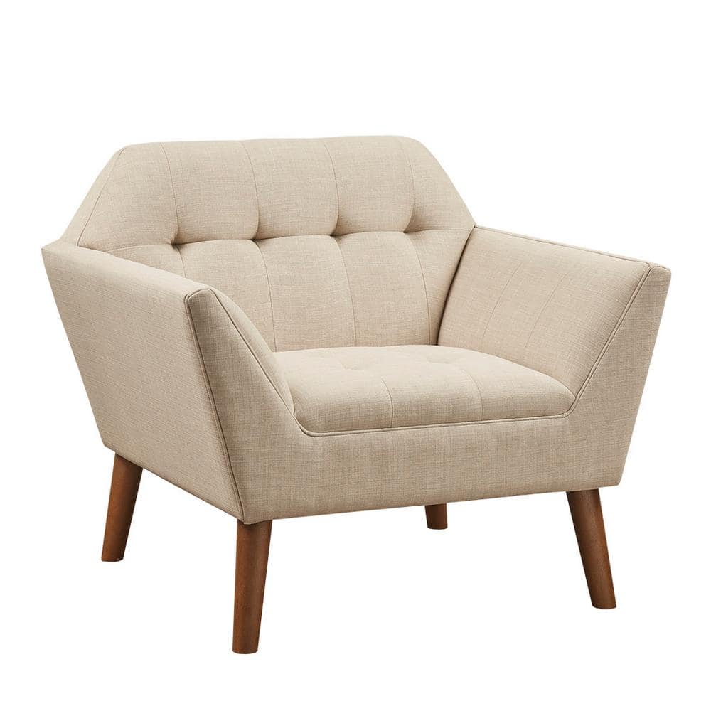 Tan Button Tufted Swivel Accent Chair with Wood Legs