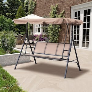3-Person Beige Steel Frame Freestanding Metal Patio Swing Porch with Adjustable Canopy Swing Glider Patio Loveseat Bench