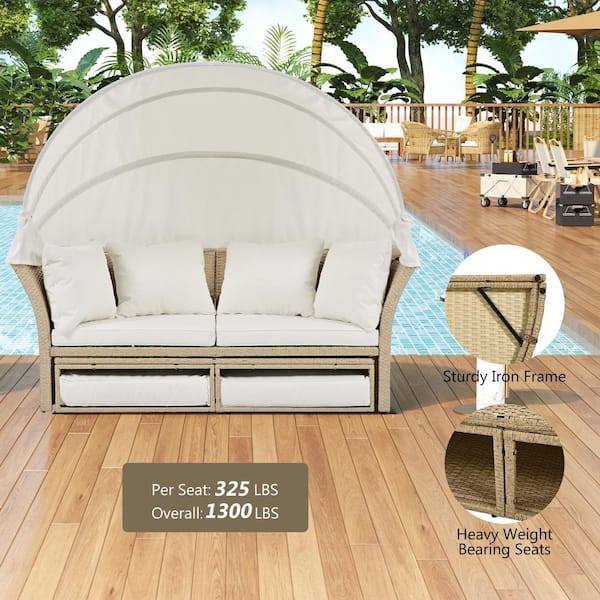Brown Wicker Outdoor Patio Day Bed with Beige Cushions Foldable Awning Cup Holders and Storage Box