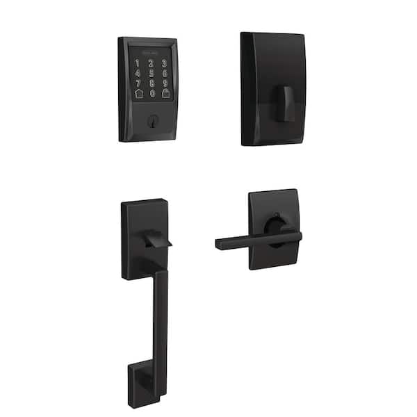 Century Matte Black Encode Smart Wi-Fi Deadbolt with Alarm and Entry Door Handle with Latitude Handle and Century Trim