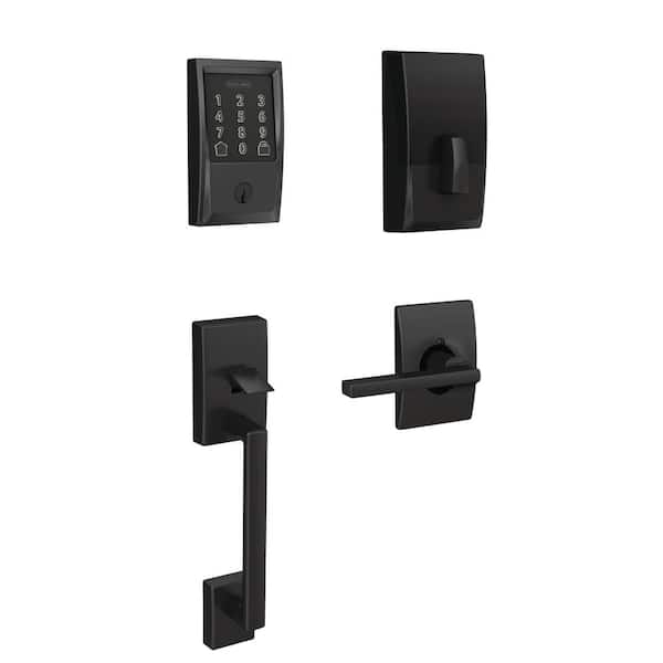 Schlage Century Matte Black Encode Smart Wi-Fi Deadbolt with Alarm and Entry Door Handle with Latitude Handle and Century Trim