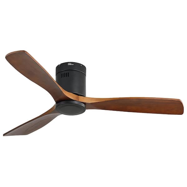 52 in. Indoor/Outdoor Flush Mount Ceiling Fan 3-Carved Wood Fan Blades Matte Black Ceiling Fan with 6-Speed Remote