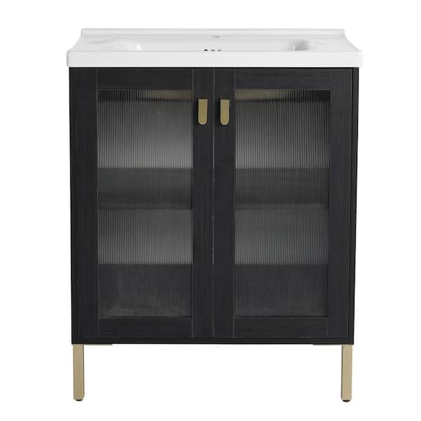 Boosicavelly 27.80 in. W x 18.50 in. D x 34.80 in. H Single Sink Freestanding Bath Vanity in Black Chestnut with White Ceramic Top