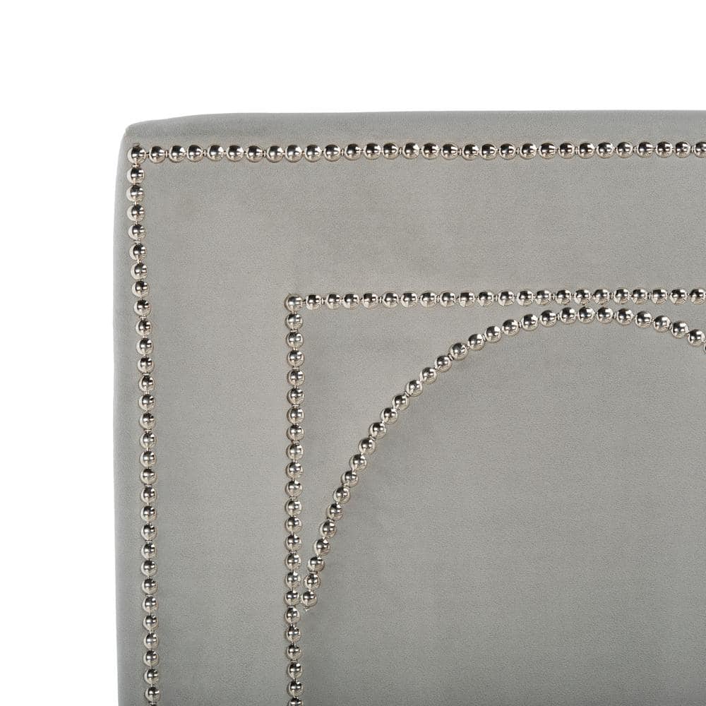Elegant Transitional Queen Platform Bed in Plush Grey Velvet with Nailhead Trim