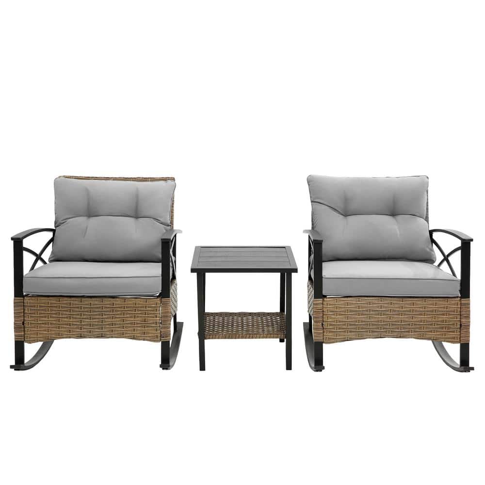 3-piece Black Metal Outdoor Rocking Chair Set with Gray Cushion