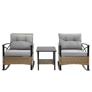 3-piece Black Metal Outdoor Rocking Chair Set with Gray Cushion