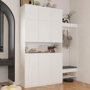 White Wood 70.8 in. W 9-Door Wardrobe with Shoe Storage Cabinet, Bench, 4 Hooks and Adjustable Shelves