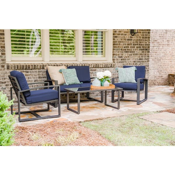 Leisure Made Jasper 4-Piece Aluminum Patio Conversation Set with Navy Polyester Cushions