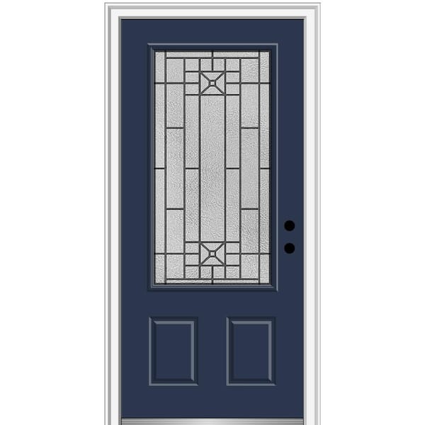 MMI DOOR Courtyard 36 in. x 80 in. Left-Hand 3/4 Lite Decorative Blue Fiberglass Smooth Prehung Front Door on 4-9/16 in. Frame