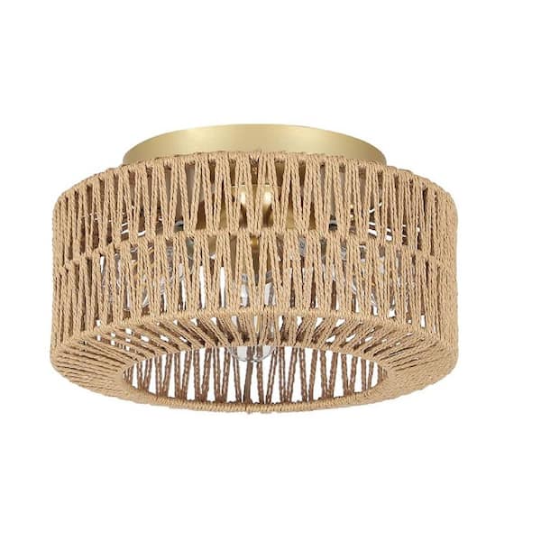 Tatahance 11.8 in. 3-Light Brown Flush Mount Rattan Ceiling Light with Hand-Woven Shade and No Bulbs Included