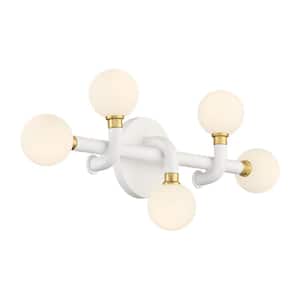 Tubular 22.625 in. 5-Light Matte White and Honey Gold LED Vanity Light Bar with Etched Opal Glass Shades
