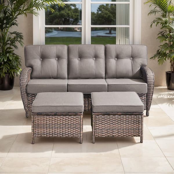 TWrap 3-Piece Brown Wicker Outdoor 3-Seat Couch with T-Shaped Back and 5 in. Thick Gray Cushions and ottomans