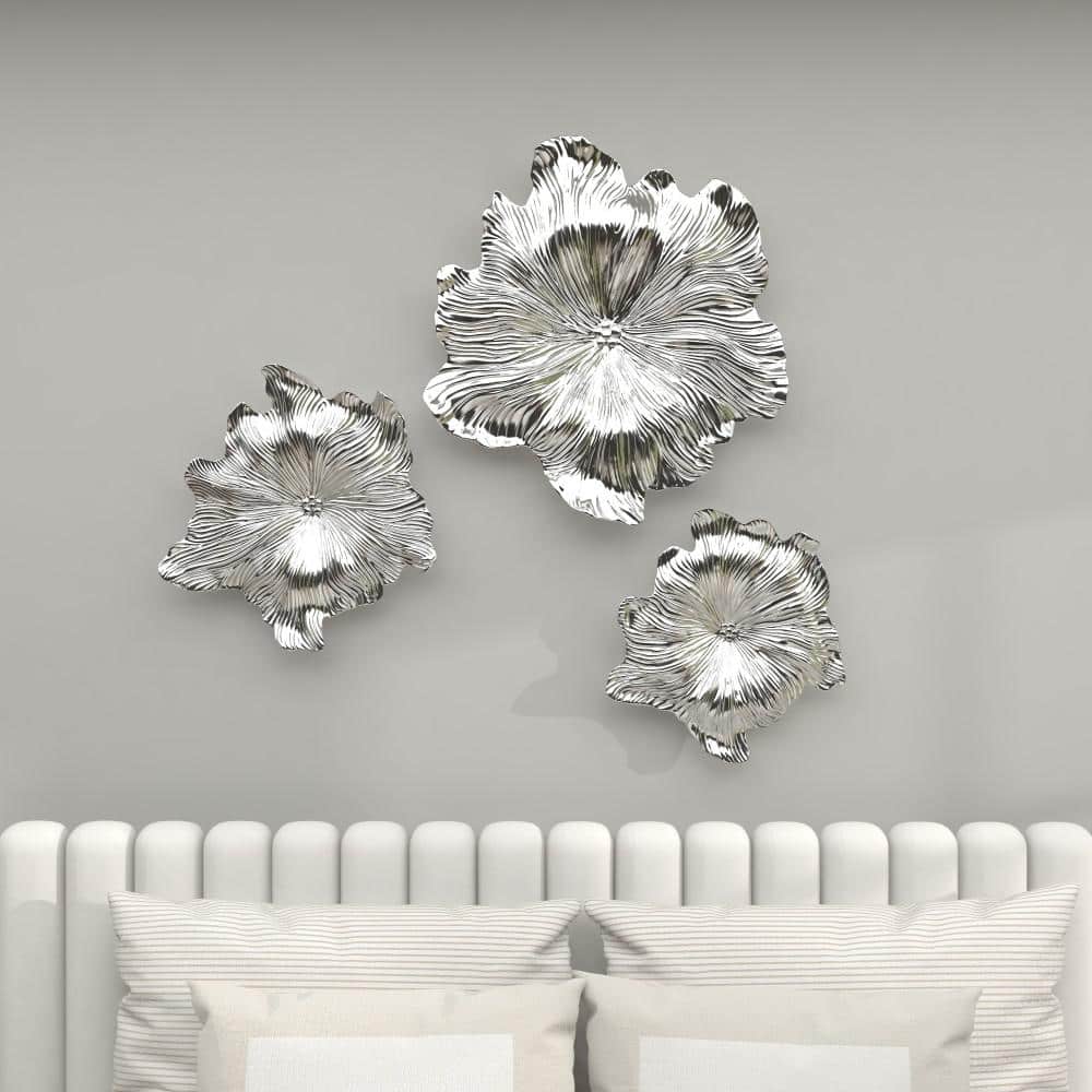 Silver Textured Resin Floral Wall Sculpture Set