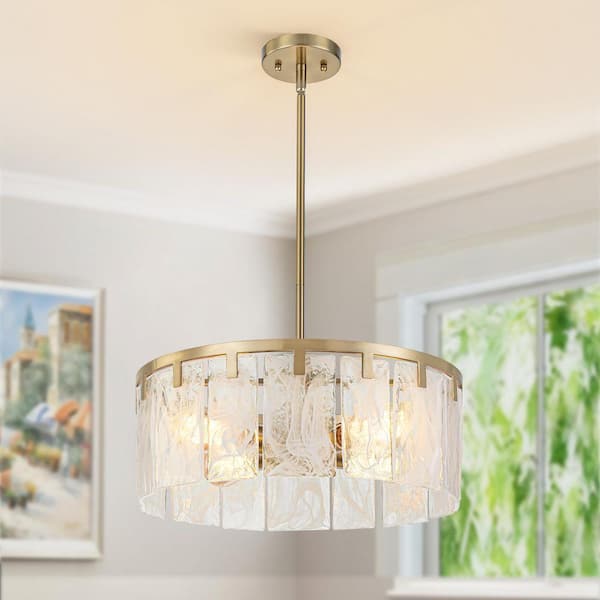 4-Light Elegant Brass Gold Modern Drum Clouded Textured Glass Chandelier