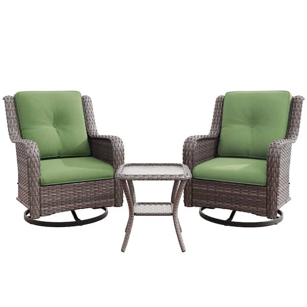 3-Piece Wicker Patio Conversation Set with Green Cushions All-Weather Swivel Rocking Chairs