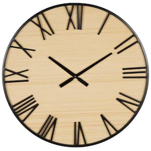 Light Brown Wooden Wall Clock with Black Metal Numbers and Frame
