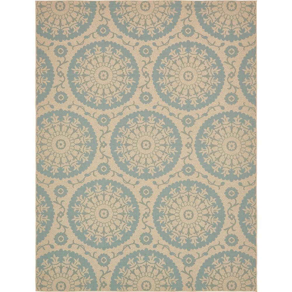 Light Blue Rectangular Synthetic Outdoor Washable Rug 9' x 12'