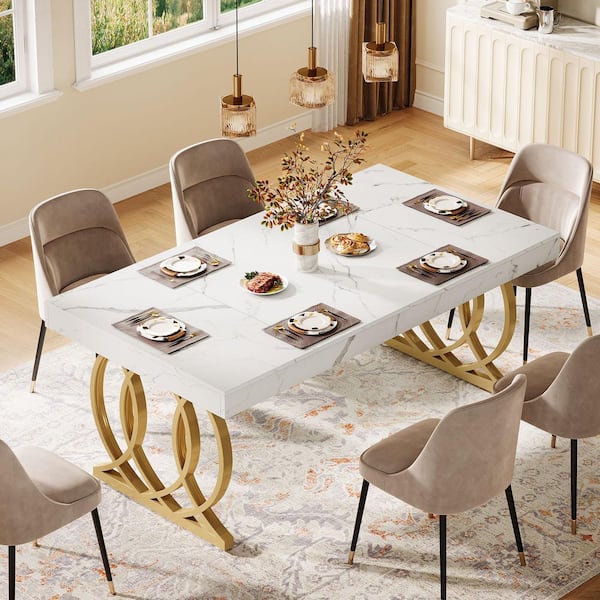 Rectangle White Wood 63 in. Trestle Dining Table for 6 with Faux Marble Tabletop and Geometric Legs Living Room Kitchen