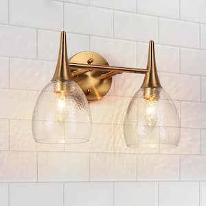 Cymerlarity Modern 13.5 in. 2-Light Plated Brass Vanity Light Bathroom Vanity Light with Oval Hammered Glass Shades