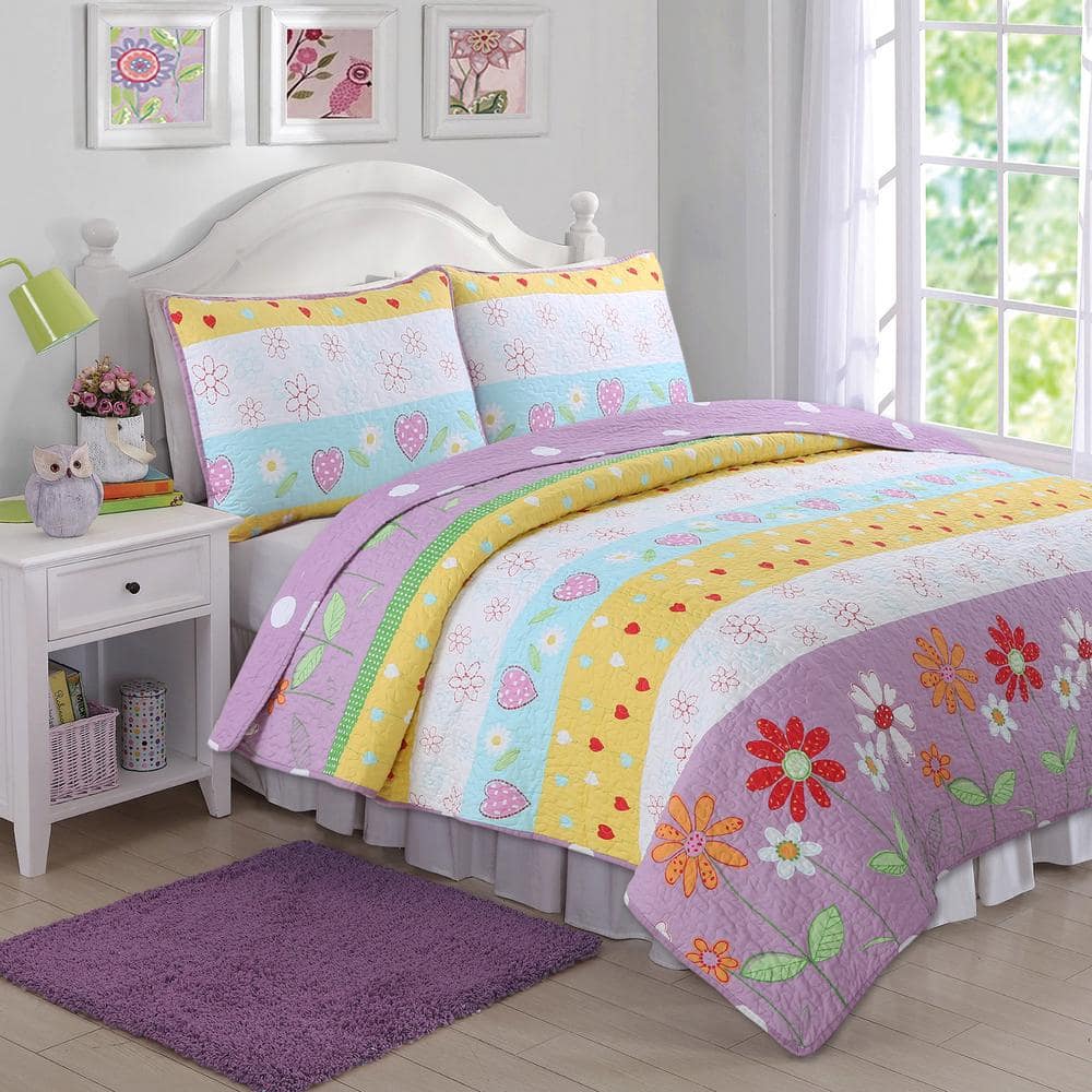 Cozy Line Home Fashions 2-Piece Multi-Color Purple Pink Yellow Blue Stripe Heart Floral Garden Playful Girl Fun Cotton Poly Twin Quilt Bed Set, pink/ purple/ yellow/ blue/ multi-color -  BB2019-033Twin