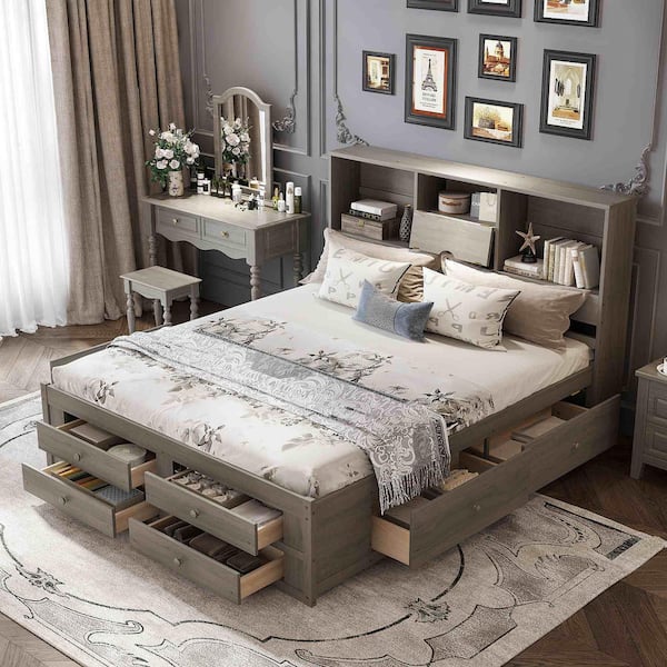 Gray Wood Frame King Size Platform Bed with Storage Headboard and 8-Drawers